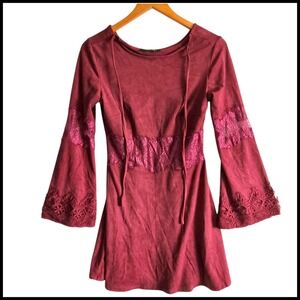 Romeo Juliet Couture Bell Sleeve Dress Lace Trim Boho Mini‎ Maroon M